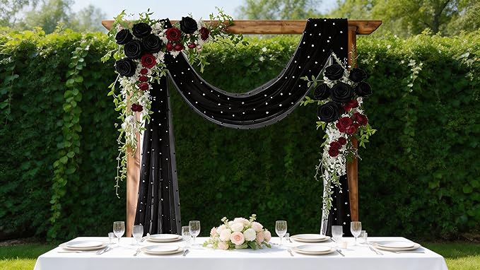 Socomi Pearl Table Runner Black Summer Wedding Arch Draping Fabric 19FT Sheer Tulle Chiffon Gauze Cheese Cloth Outdoor Drapes for Birthday Party Baby Shower Bridal Engagement Decor