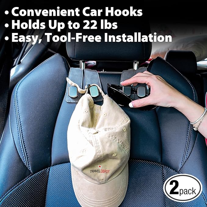 Travel Depot Car Seat Hooks 2 Pack, Leather Headrest Hooks for Car with Double-Hook Design, Durable Headrest Hook Bag Holder Purse Hanger, Organizer for Seat Back in SUV, Truck, Vehicle, Grey