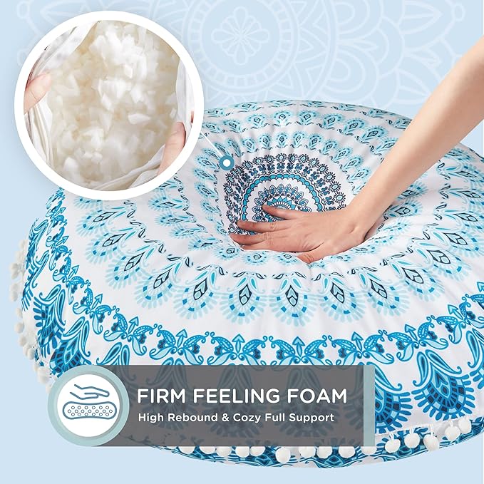 Codi Meditation Floor Pillow Set of 2, Round Large Pillows Seating for Adults, Bohemian Mandala Circle Cushion for Outdoor Fireplace Yoga Living Room, 32 Inch, Memory Foam Added, Aqua