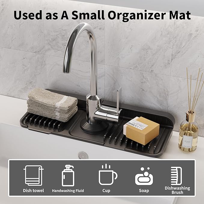 WAFT YEARN 14X5 Inch Silicone Durable Faucet Mat Kitchen Sink Splash Guard Draining Protector Tray Liner Absorbent Protective Counter Accessories For Sink Kitchen Bathroom Laundry Room Bar & RV Black