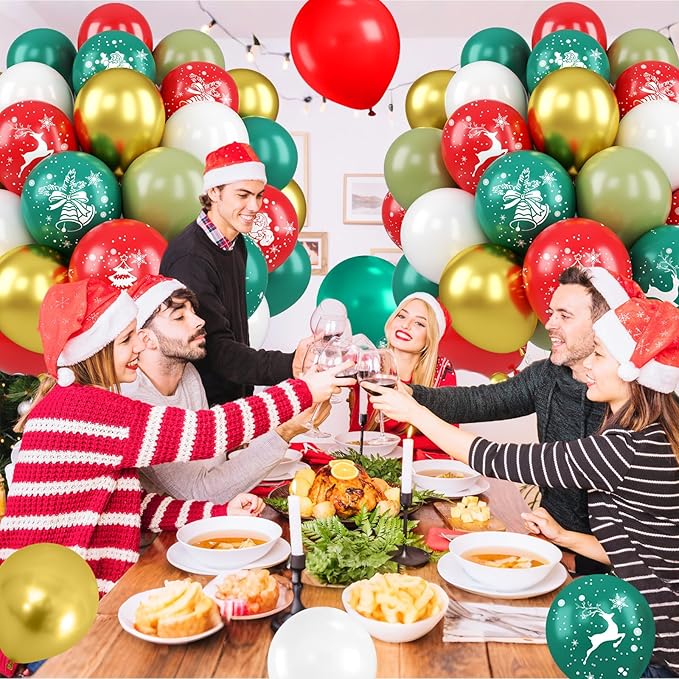 Christmas Balloons, Red Green Gold Balloons with Tree Elk Santa Claus Print Balloon, Retro Green Gold Red and White Xmas Party Balloon for Christmas Birthday New Year Winter Holiday Party Decorations