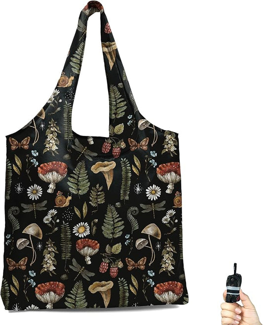 BeeGreen Mushrooms Ultimate Travel Tote Bag - Reusable Grocery Shopping Bag - Foldable Compact Portable Lightweight Duffle Bags