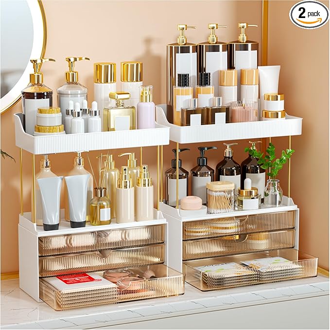 5 Tier 3 Drawers Makeup Organizer, 2 Set Bathroom Organizers and Storage,Cosmetic Storage Drawer for Dresser Countertop and Bathroom Vanity for Large Skincare, Perfume, Amber