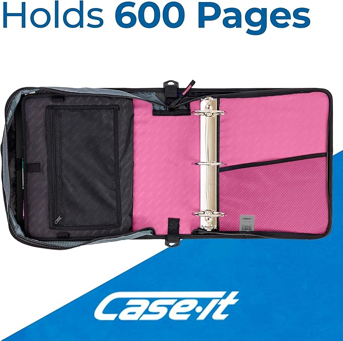 Case-it Mighty Zip Tab Zipper Binder, 3" O-Ring with 5-Color tabbes, Expanding File Folder and Shoulder Strap and Handle, D-146-Light Pink