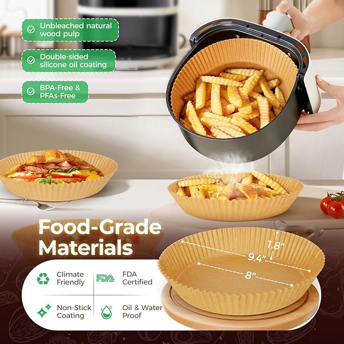 Round Air Fryer Paper Liners Disposable 305Pcs, Air Fryer Parchment Paper 8'', Food-grade & Non-stick Airfryer Paper Liner Sheets for Air Frying, Roasting, Baking, Oven, Steamer by CTIZNE