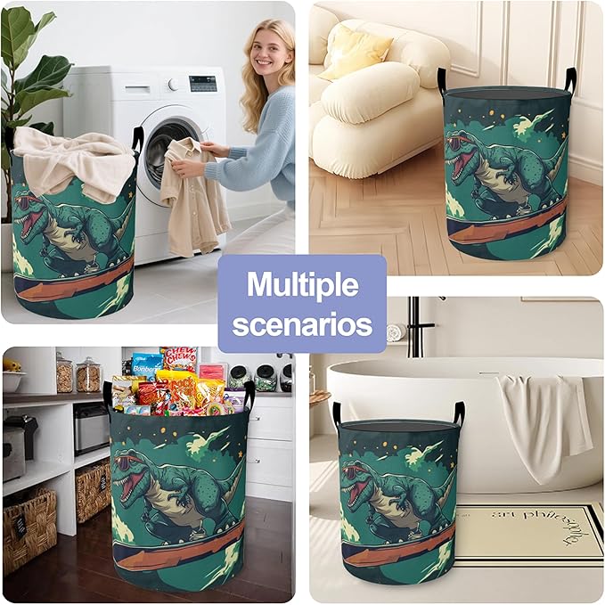 Cute Tyrannosaurus Rex Laundry Basket - Large Foldable Hamper Holder Portable Tall Collapsible Laundry Hamper Storage Basket Bin with Handles, Canvas & Waterproof Lining for Household Items