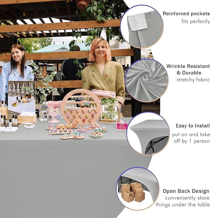 Nasitos 2 Pack Spandex 6 ft Fitted Table Cloth for Rectangle Table-Open Back Stretch Grey Tablecloth, Washable Fabric and Wrinkle Resistant Table Covers for Trade Show, Parties, Wedding, Craft Fair
