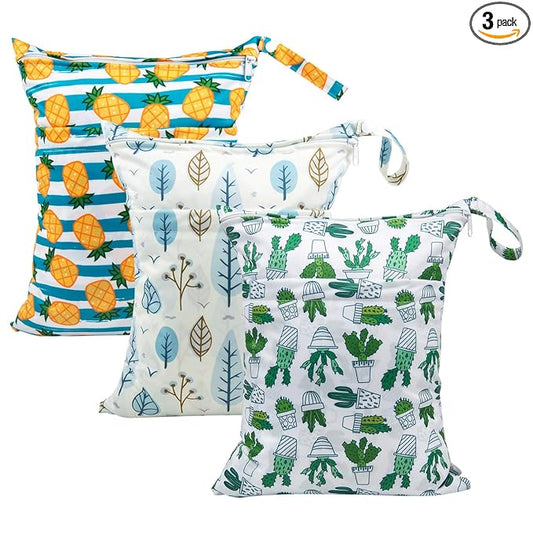 babygoal Wet Dry Bags for Baby Cloth Diapers, Washable Travel Bags, Beach, Pool, Gym Bag for Swimsuits & Wet Clothes with Two Zippered Pockets 3 Pack, 3LN05