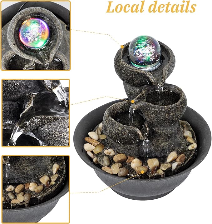 Ferrisland Tabletop Waterfall Fountain - 3-Step Modern Water Fountain with LED Light for Office Desktop Decor