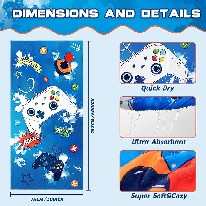 WERNNSAI Game Kids Beach Towel for Boys - 30” x 60” Quick Dry Sand-Free Swim Towels for Boys Super Soft Absorbent Towel, Pool Camping Travel Bath Towel for Outdoor Sports Picnic