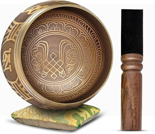 Tibetan Singing Bowl Set - Easy To Play Authentic Handcrafted For Meditation Sound Bowl Chakra Yoga Healing 4 Inches By Himalayan Bazaar (Gold & Green)