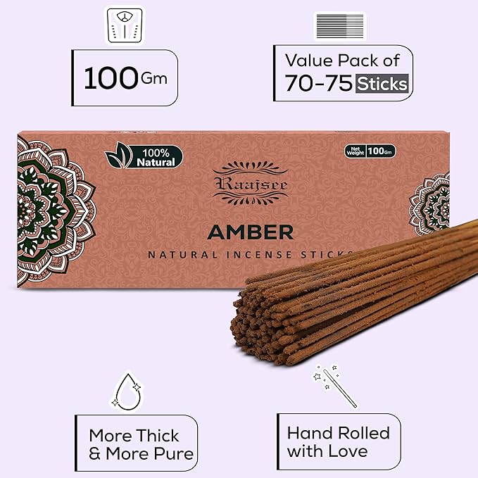 Raajsee Amber Incense Sticks 100 Gm Pack-100% Pure Organic - Natural Hand Rolled Free from Chemicals-Insence for Church,Relaxation, Meditation & Sensual Therapy