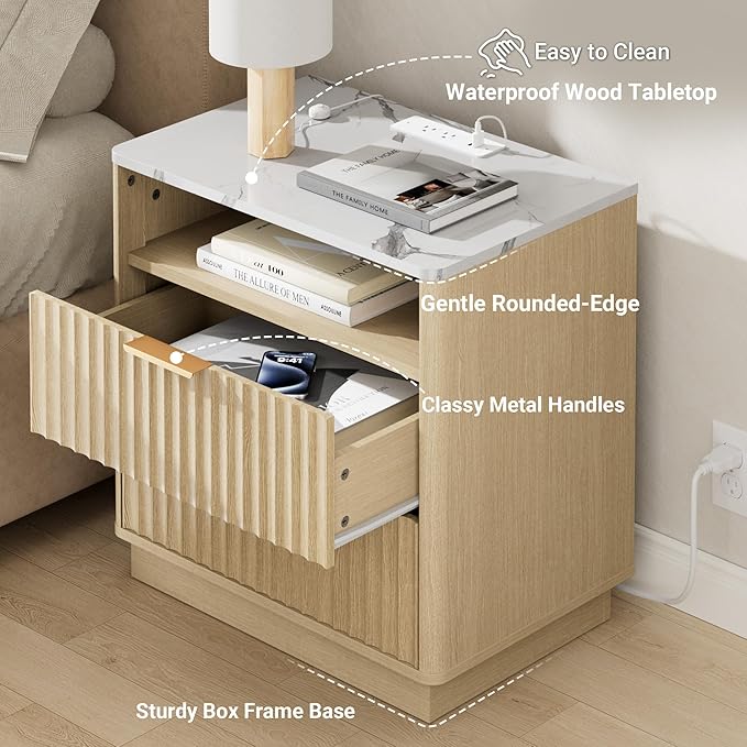Large Fluted Nightstand Set of 2 with Charging Station, 23" Modern End Table with Faux Marble Top, 2 Drawers Side Table with Storage for Bedroom Living Room, Curved Profile (Natural Oak)