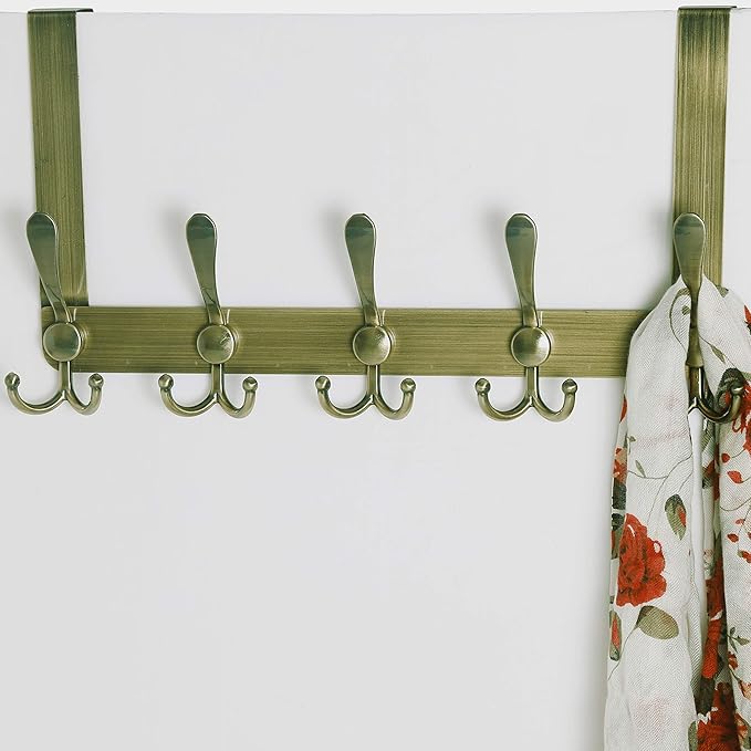 SKOLOO Over The Door Hook - for Doors up to 1-3/4'' Thickness, Metal Door Hanger with 5 Triple Hooks, Bronze Over The Door Hanger for Coats, Hats, Towels, Assembly Required