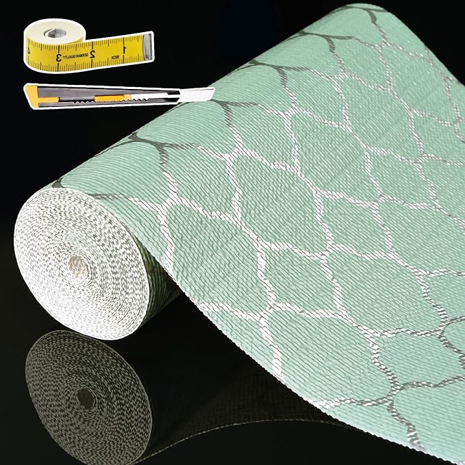 Shelf Liners for Kitchen Cabinets Non Adhesive Drawer Liner 23.6in x 30FT Light Green Quatrefoil Thickened Shelf Liner Strong Non-Slip Easy to Clean Tool Box Refrigerator with Knife and Tape Measure