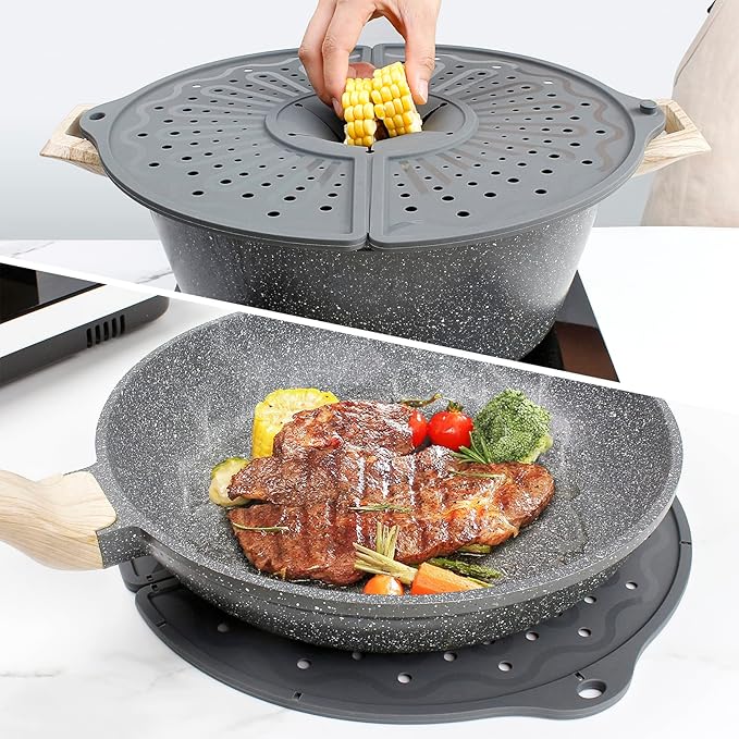 Silicone Splatter Screen For 10, 11 and 12 Inch Frying Pan, Foldable Splash Guard, Multi-Use Grease Splatter Guard/Trivet Mat, 12" Non-Stick Oil Splatter Guard, Dishwasher Safe, BPA Free, Gray