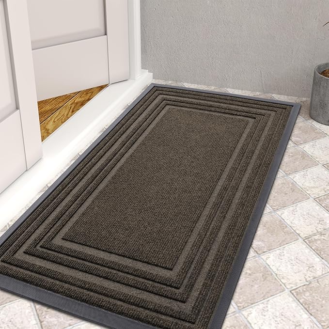 Buganda Front Door Mat Indoor Outdoor Entrance, Non-Slip Natural Rubber Doormats, Easy Clean, Low Profile, Dirt Trapper Entryway Floor Mats for Outside, Garages and Patios, 59x23, Brown