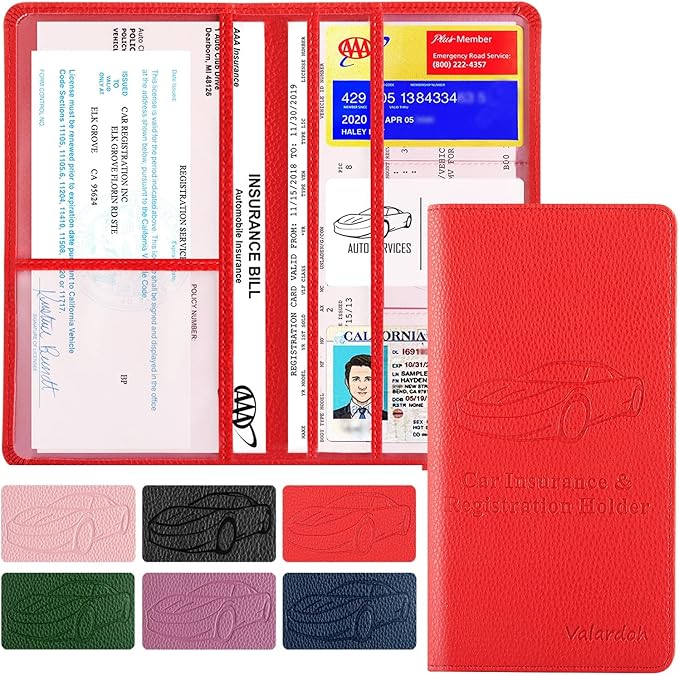 Valardoh Premium Car Registration and Insurance Card Holder, Car Document Holder for Cards, Driver License & other Essential Documents (Red)