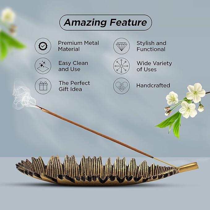 Raajsee Incense Holder Set with Nag Champa Incense Sticks 15gm, Leaf Insense-Stick Holder, Brass Incense Burner,Modern Stick Incente Holder for Yoga, Meditation,Home Décor Size 10x4 inches GOLD