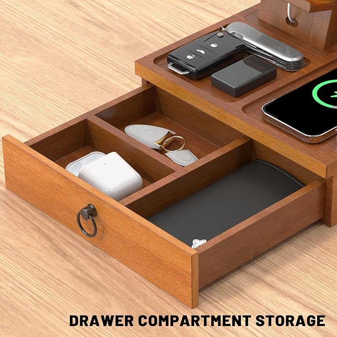Wood Phone Docking Station with USB Ports and Outlets, Nightstand Organizer with Charging Station, Bedside Organizer with Drawer for Watch & Accessories, Christmas Anniversary Birthday Gifts for Men