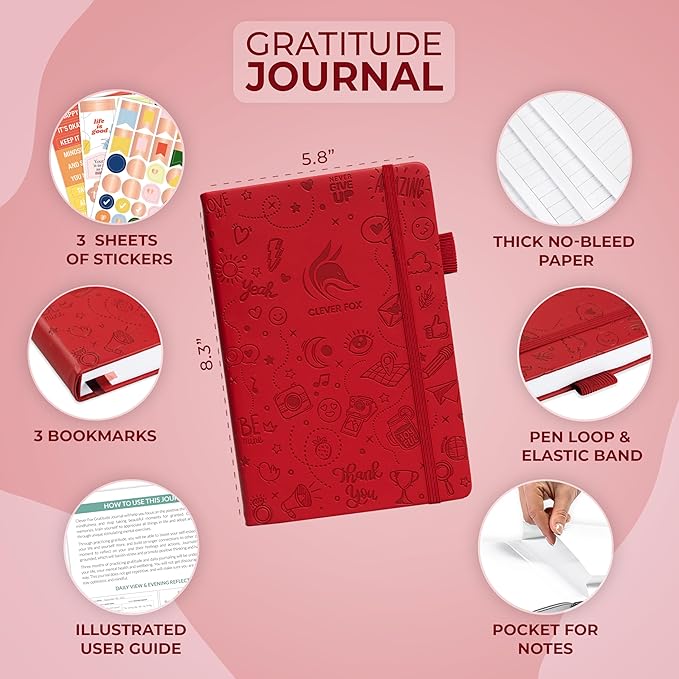 Clever Fox Gratitude Journal – Happiness, Positivity & Affirmation Daily Journal – Inspirational Daily Notebook – 3 Months, A5 (Red)