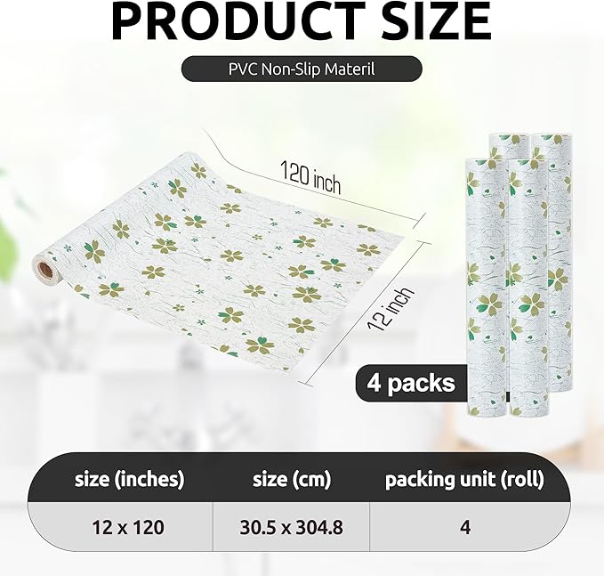 RAY STAR 12X120 Inch Shelf Liner for Kitchen Cabinets, Non-Adhesive Washable Cabinet Liner, Non-Slip PVC Drawer Liner for Dresser Bathroom (Green-Floral)(4 Rolls)
