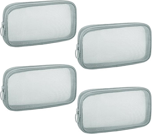 4 Pieces Mini Zipper Nylon Mesh Pouch, Mesh Cosmetic Bags Makeup Bags, Multipurpose Travel Toiletry Bags for Office Supplies and Travel Accessories (Grey, M)
