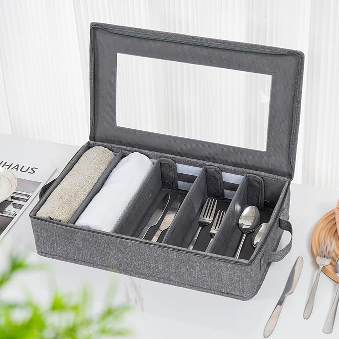 Flatware Utensil Storage Case, Silverware Storage Box Chest with Adjustable Dividers, Cutlery Storage Holder with Zipper Lid for Organizing Cutlery, Flatware, Knives, Large Capacity Gray