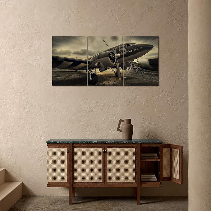 KAWAHONE -3 Pieces Vintage Airplane Wall Art Old Airplane Canvas Wall Art for Office Bedroom Living Room Home Ready to Hang (Aircraft)