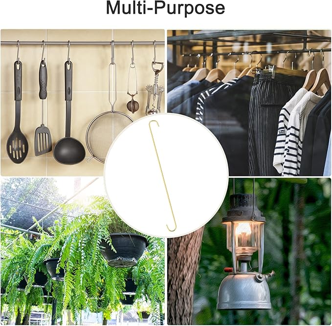 uxcell S Hanging Hooks, 20inch/500mm Extra Long Steel Hanger, Indoor Outdoor Uses for Garden, Bathroom, Closet, Workshop, Kitchen, Gold Tone, 4Pcs