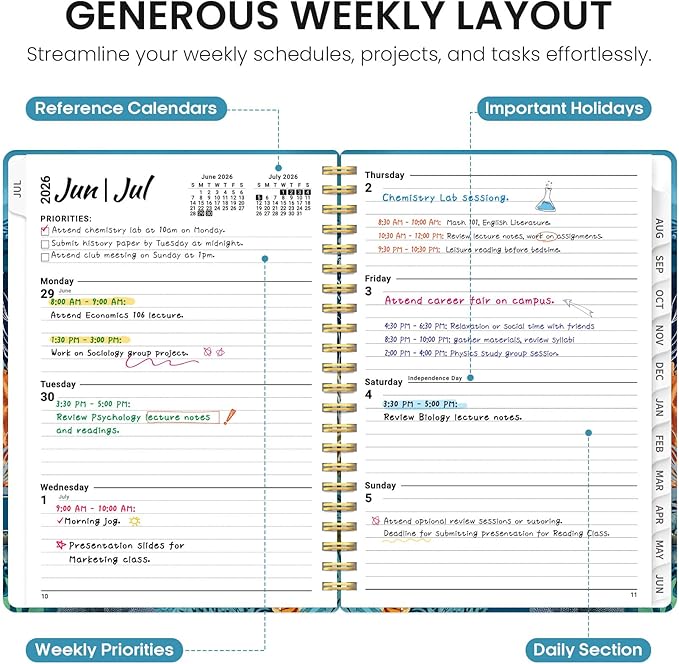 Planner 2026-2027, Academic Year Monthly and Weekly Calendar Planner, Jul 2026 - Jun 2027, Hardcover Teacher Student Planning Agenda book with Tabs, Perfect for School Office Supplies, 6.3" x 8.5" - Deep Bearings