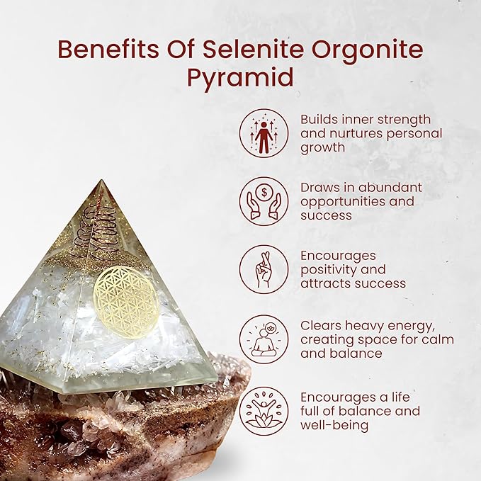 Orgone Selenite Pyramid with Flower of Life – Handmade Orgonite Energy Generator for Meditation, Reiki Healing & Positive Energy