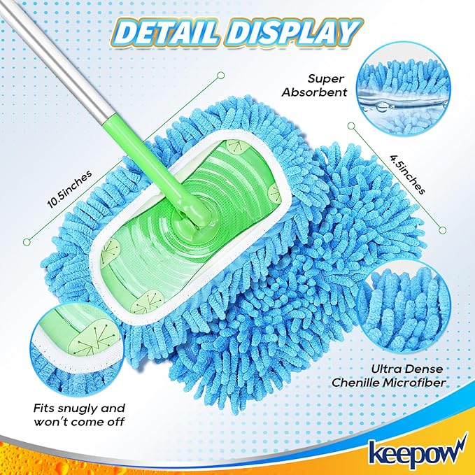 KEEPOW Reusable Microfiber Mop Pads Compatible with Swiffer Sweeper & Mop Deluxe 2-in-1, Wet & Dry Mopping Cloths for All Floors, Compatible with Swiffer Dry Sweeping Cloths for Cleaning (2 Pack)