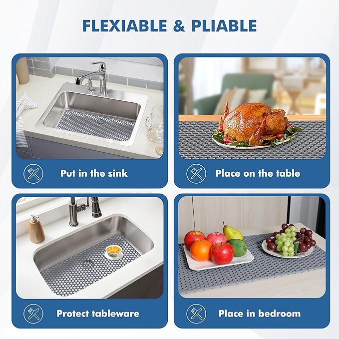 Silicone Sink Protectors for Kitchen Sink - 28.3"x 15.7" Kitchen Protector Mat Accessory, Non-Slip Heat Resistant Mat for Bottom of Farmhouse Stainless Steel Porcelain (Gray)