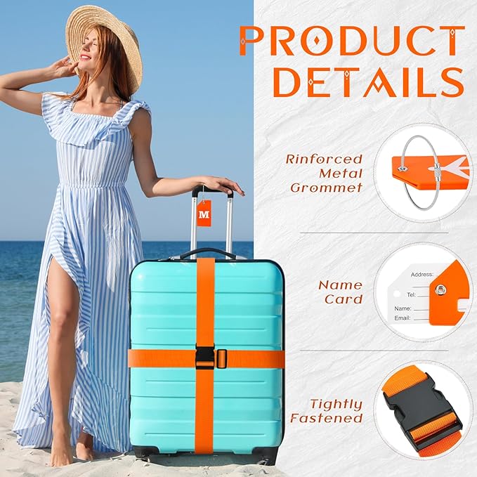 Weewooday 8 Pcs Luggage Straps Suitcase Tags Set for TSA Approved, 4 Travel Adjustable Suitcase Belt, 4 Silicone Luggage Tags with Name ID Card Travel Accessories (Light Orange, M)