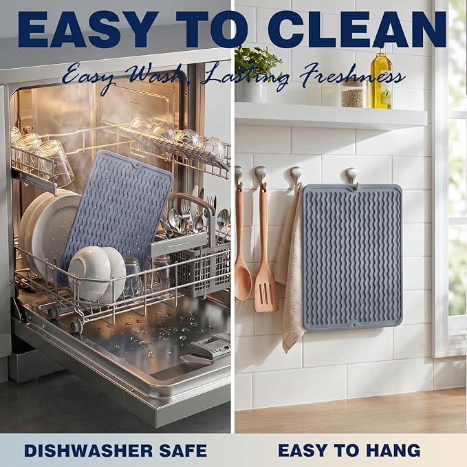 2 Pack Caketime Silicone Dish Drying Mat for Kitchen Counter Multiple Usage for Baking Cooking Grilling Under Sink Office Coffee Accessories Apartment Appliances Pioneer Woman Stuff 15"x11.5" Blue