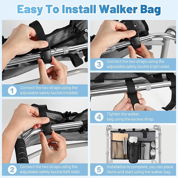 Rhino Valley Walker Bag, Large Capacity Walker Accessories Storage Bag with Multi Pockets & Cup Holder, Walker Basket with 4 pockets for Universal Walkers for Seniors, Gray