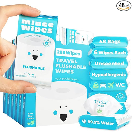 Impossibly Compact Travel Flushable Wipes - 99.5% Water and Aloe - Safe for Sensitive Skin & Hypoallergenic - Travel Essentials for Adults & Kids, Unscented, 48 Pack 288 Wipes