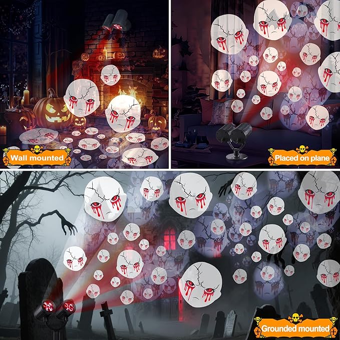 Toodour Halloween Projector Lights Outdoor, Double Head Dynamic Halloween Lights Projector with Timer, Waterproof White Ghost Decorations Light for Indoor Outdoor Home Window Wall Decorations