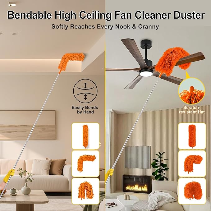 Tiumso 5-in-1 Duster with Extension Pole 100” Extendable Dusters for Cleaning Reusable Anti-Spin Dusting Kits for High Ceiling Fans, Cobwebs & Vents, Reinforced Stainless Steel Telescopic Handle