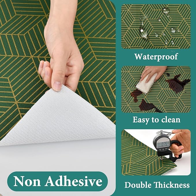 Shelf Liners for Kitchen Cabinets 23.6in x 30FT, Non-Adhesive Cabinet Liner, Strong Non-Slip Thickened Gold Green Geometric Drawer Liner, Easy to Clean for Shelf, Cabinet with Knife and Tape Measure
