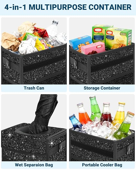 Capolo Car Trash Can with Lid, Leakproof Car Trash Bag Hanging Waterproof Automotive Garbage Can with Storage Pockets Mini Vehicle Trash Bin for Back/Front Seat (Sparkly Black, 3 Gallon)