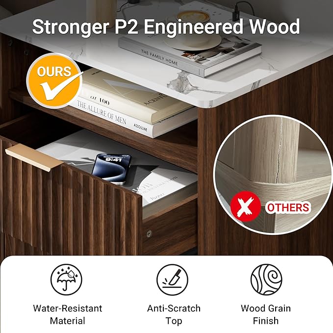 Fluted Nightstand with Charging Station, 18" Modern Night Stand with Faux Marble Top, 2 Drawers End Table with Storage, Bedside Table for Bedroom Living Room, Curved Profile Design(Walnut)