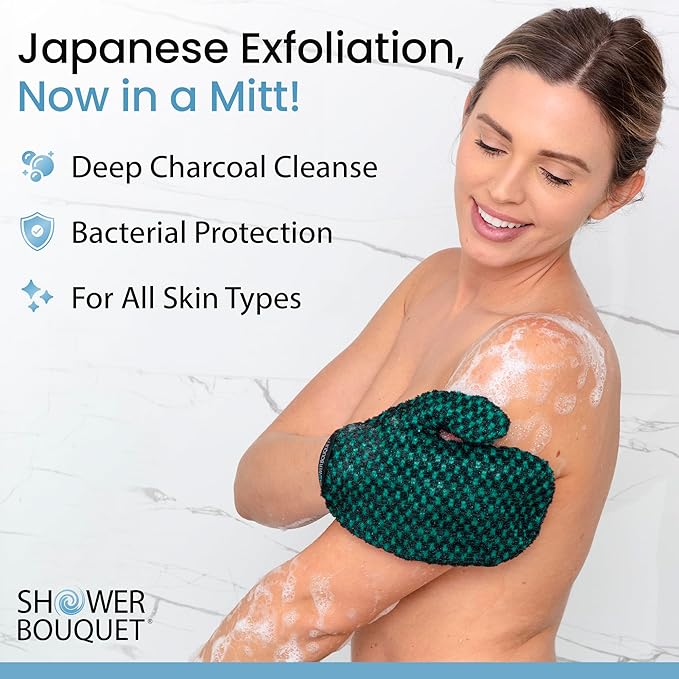 Japanese Exfoliating Mitt for Shower [Green] - Charcoal & Silver Ion Exfoliating Glove - Gentle Exfoliation & Deep Cleansing Shower Mitt - Exfoliating Body Scrubber Glove, Soft Fabric Inside