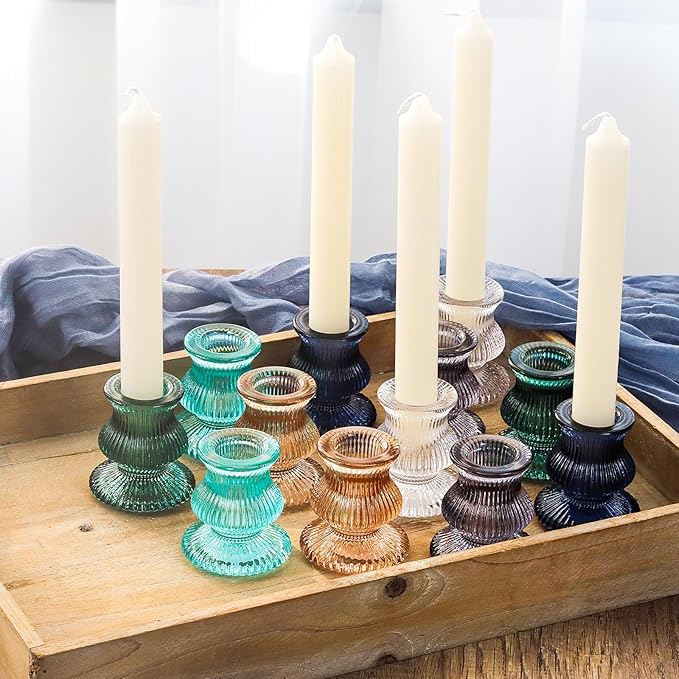 WDHODEC Christmas Taper Candle Holders 12PCS Glass Candlestick Holders for Table Centerpiece Colorful Candle Sticks for Wedding, Party and Winter Decoration(Blue&Green)