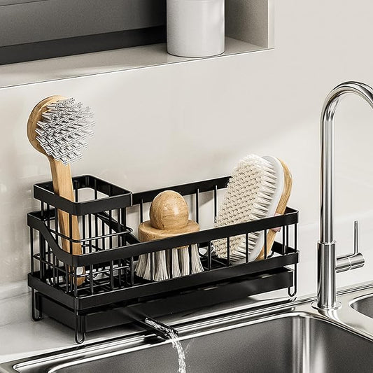 BGRQRIQ Large Sponge Holder for Sink, Stainless Steel Sink Caddy Organizer with Rotatable Spout - Kitchen Sink Organizer for Sponges, Brushes, Detergent & Sink Stopper - Space Saving Home Essentials