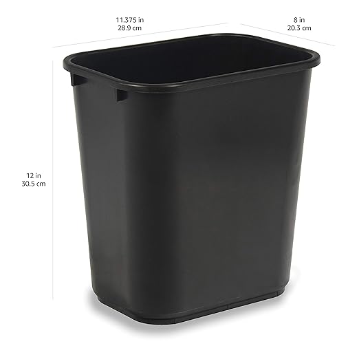 Amazon Basics Small Rectangular Commercial Office Wastebasket, Easy to Clean, 3 Gallon, Black, 2-Pack