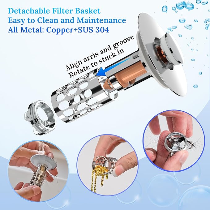 3 in 1 Bathroom Sink Drain Strainer,Universal Pop Up Bathroom Sink Stopper Hair Catcher,with Filter Basket Sealing Ring for Anti-Clogging Odor-Proof,Easy Install Drain Catcher for 1.06”~1.61” Hole