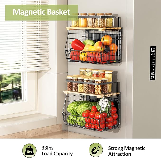 Magnetic Shelf for Fridge with Wood Lid: 2 Pack Fruit Potato and Onion Storage Bin - Magnetic Spice Rack for Refrigerator & Kitchen Counter - Pantry Organizers and Storage