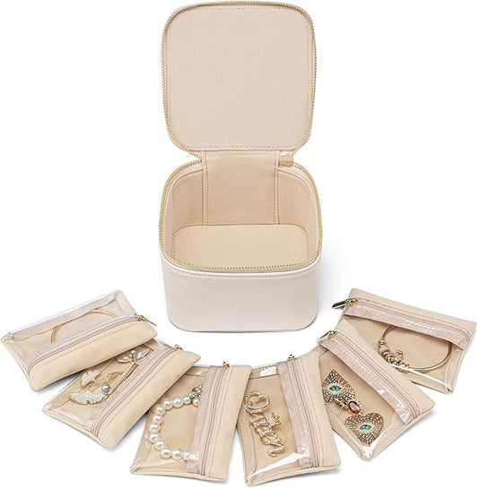 Vlando Jewelry Travel Case,Travel Jewelry Organizer with Clear Velvet Jewelry Bags 6Pcs Zipper Pouch for Women Girl Birthday Gift-White